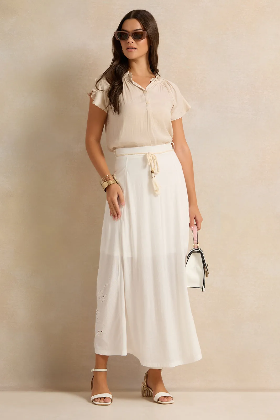 Women Ivory Embroidered Skirt With Breaded Belt