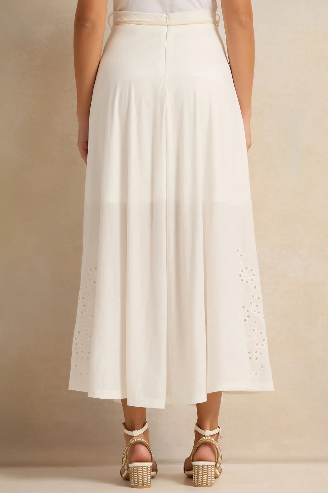 Women Ivory Embroidered Skirt With Breaded Belt