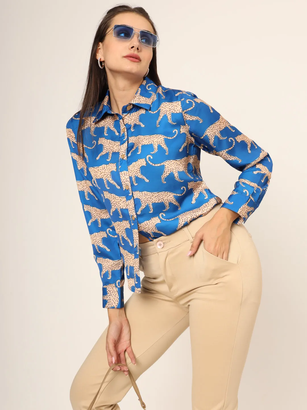 Women Slim Fit Animal Printed Spread Collar Casual Blue Shirt