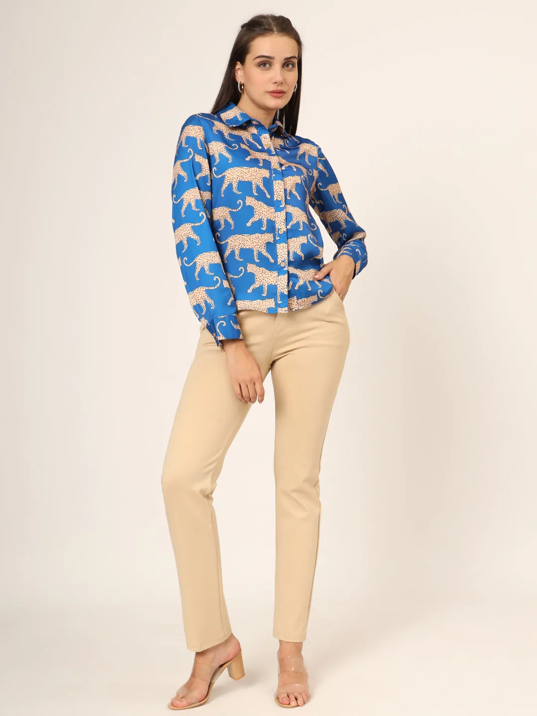 Women Slim Fit Animal Printed Spread Collar Casual Blue Shirt