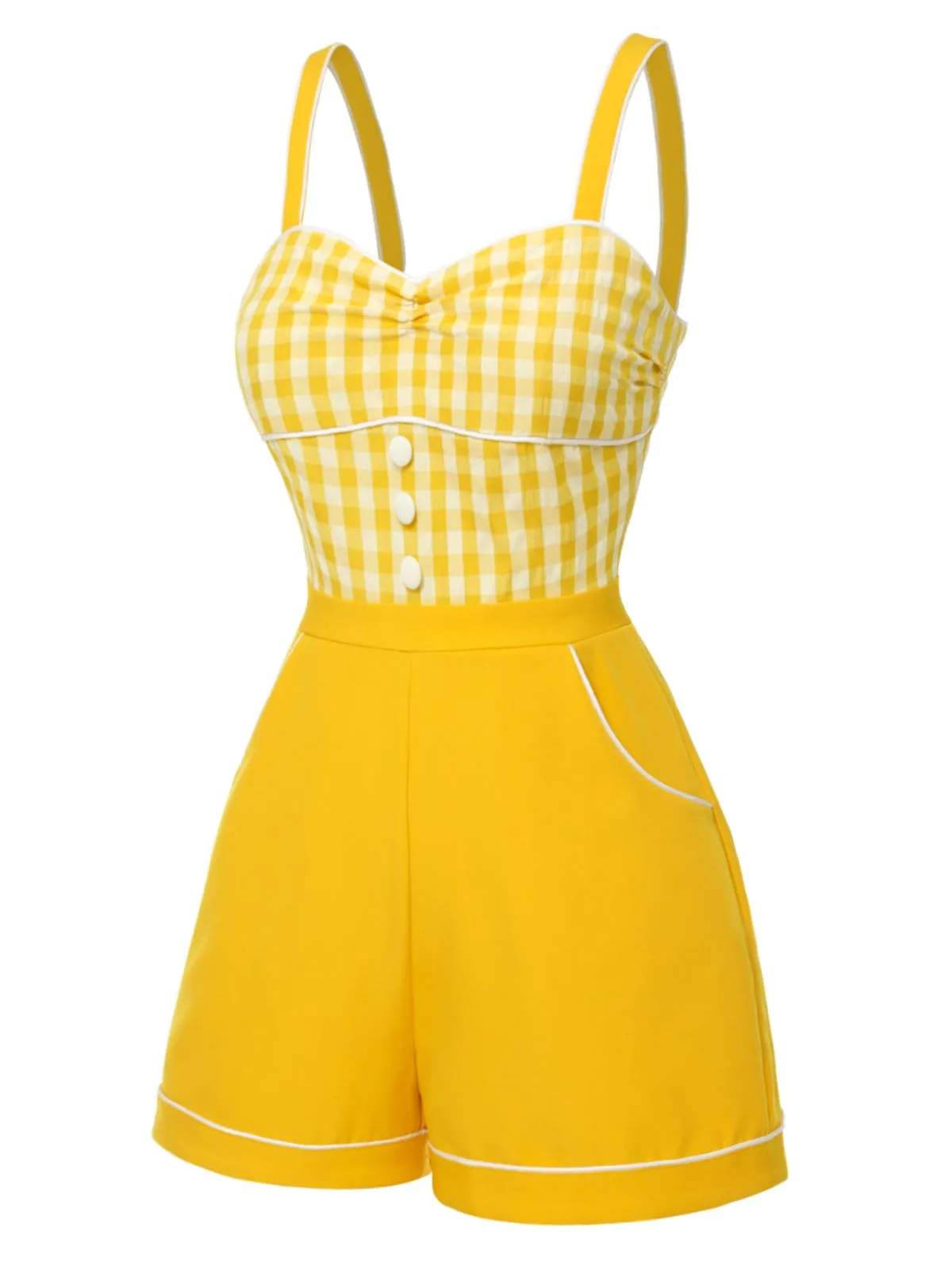 Yellow 1950s Spaghetti Strap Plaids Romper